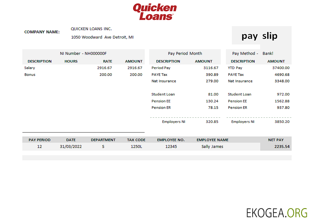 Talon de paie de la société de prêt hypothécaire USA Quicken Loans Inc.